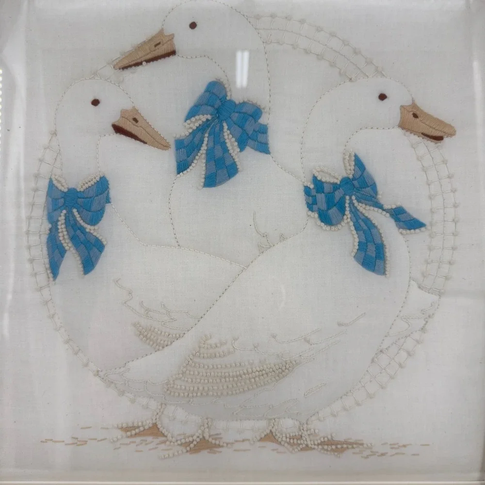 Vintage Framed Goose Embroidery Art Three White Geese Blue Bows Cottagecore